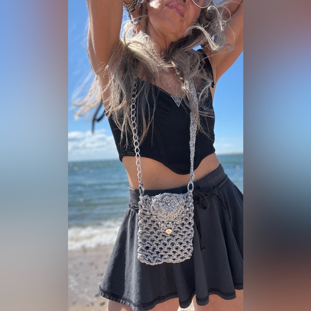 Gray Handmade Crochet Crossbody/Shoulder Bag – Adjustable Strap - Picture 6 of 11